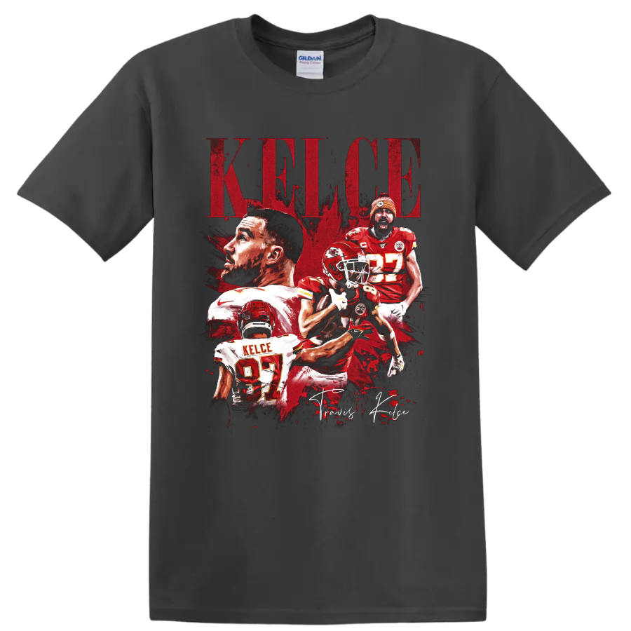 Travis Kelce Chiefs No. 87 distressed football collage with KELCE lettering on a Charcoal T Shirt