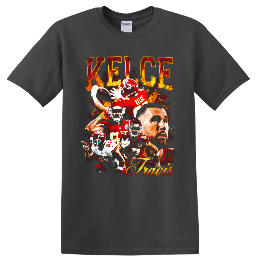 Travis Kelce Kansas City Chiefs football collage with distressed KELCE lettering on a Charcoal T Shirt