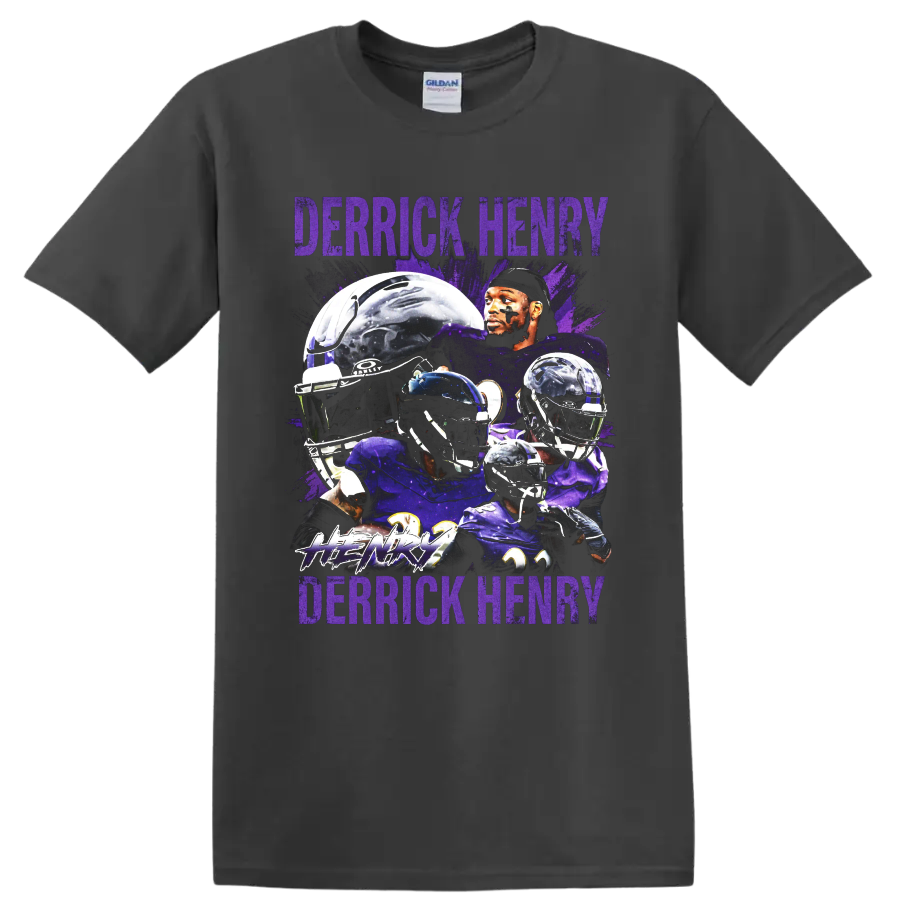Derrick Henry Baltimore Ravens football collage with helmets and distressed purple text on a Charcoal T Shirt