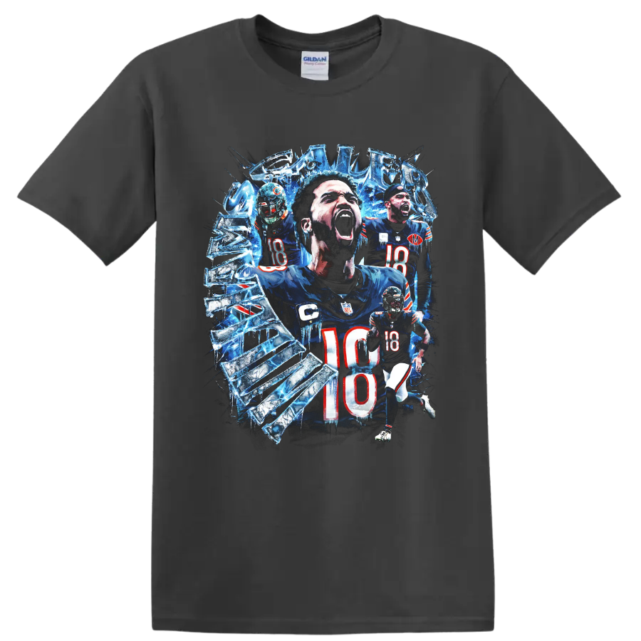 Caleb Williams Chicago Bears number 18 icy shattered football action collage on a Charcoal T Shirt