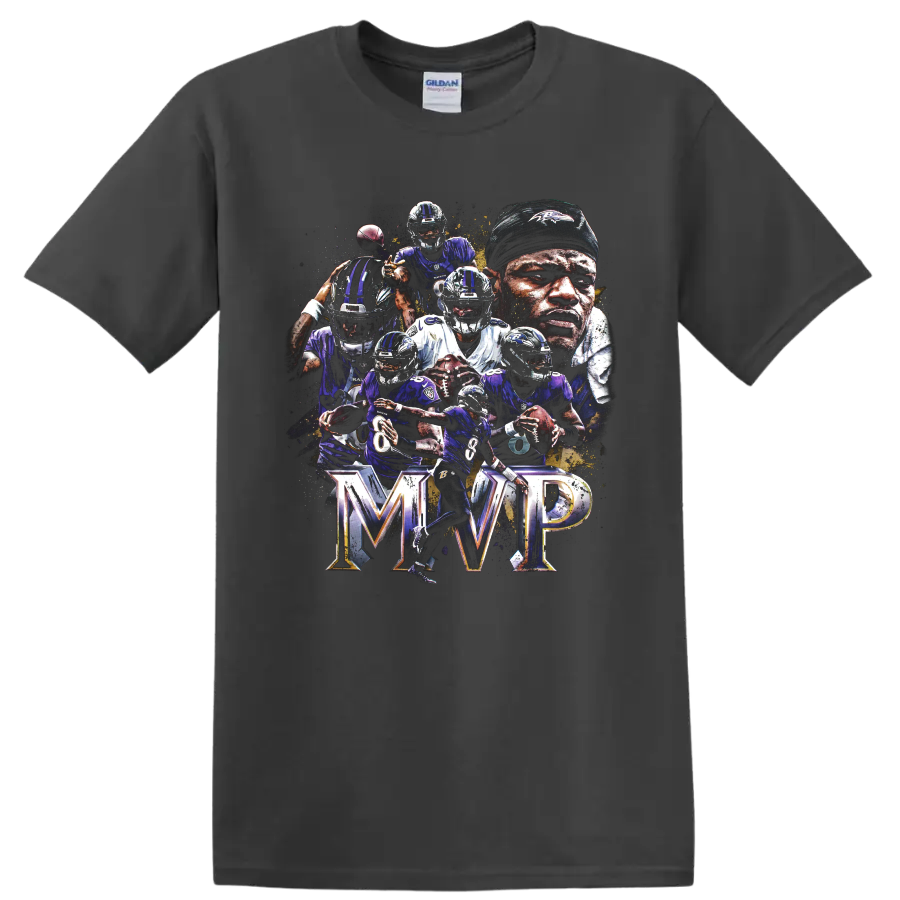 Lamar Jackson Baltimore Ravens MVP action collage with quarterbacks and bold MVP lettering on a Charcoal T Shirt