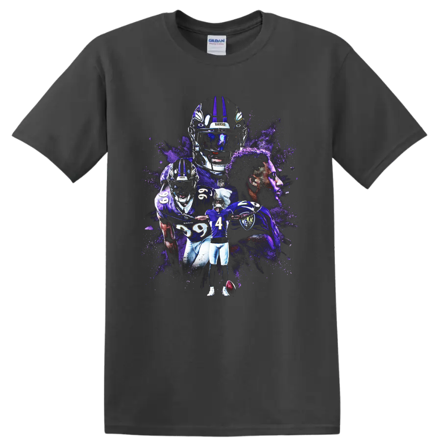 Zay Flowers Baltimore Ravens wide receiver purple paint-splatter football collage on a Charcoal T Shirt