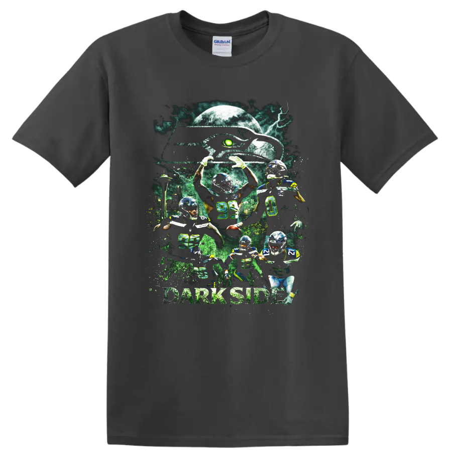 Seattle Seahawks Dark Side football player collage with moon, lightning, and skyline on a Charcoal T Shirt