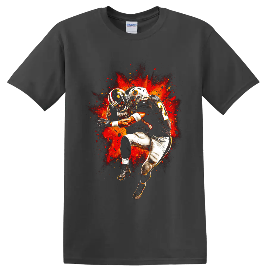 American football players colliding in fiery red-orange splatter action art on a Charcoal T Shirt