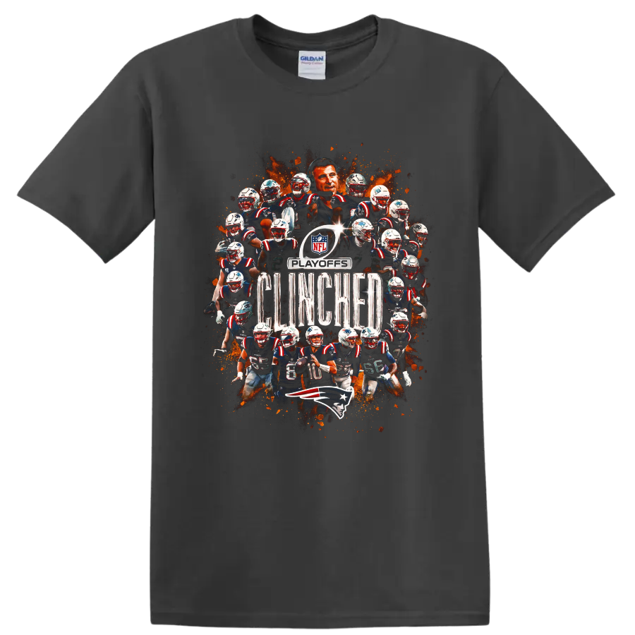 Bill Belichick and New England Patriots playoffs clinched football collage on a Charcoal T Shirt