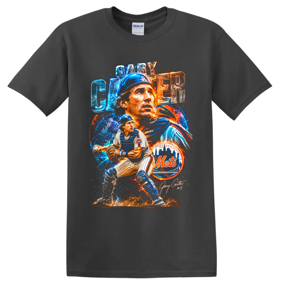Gary Carter New York Mets catcher portrait and action baseball collage on a Charcoal T Shirt