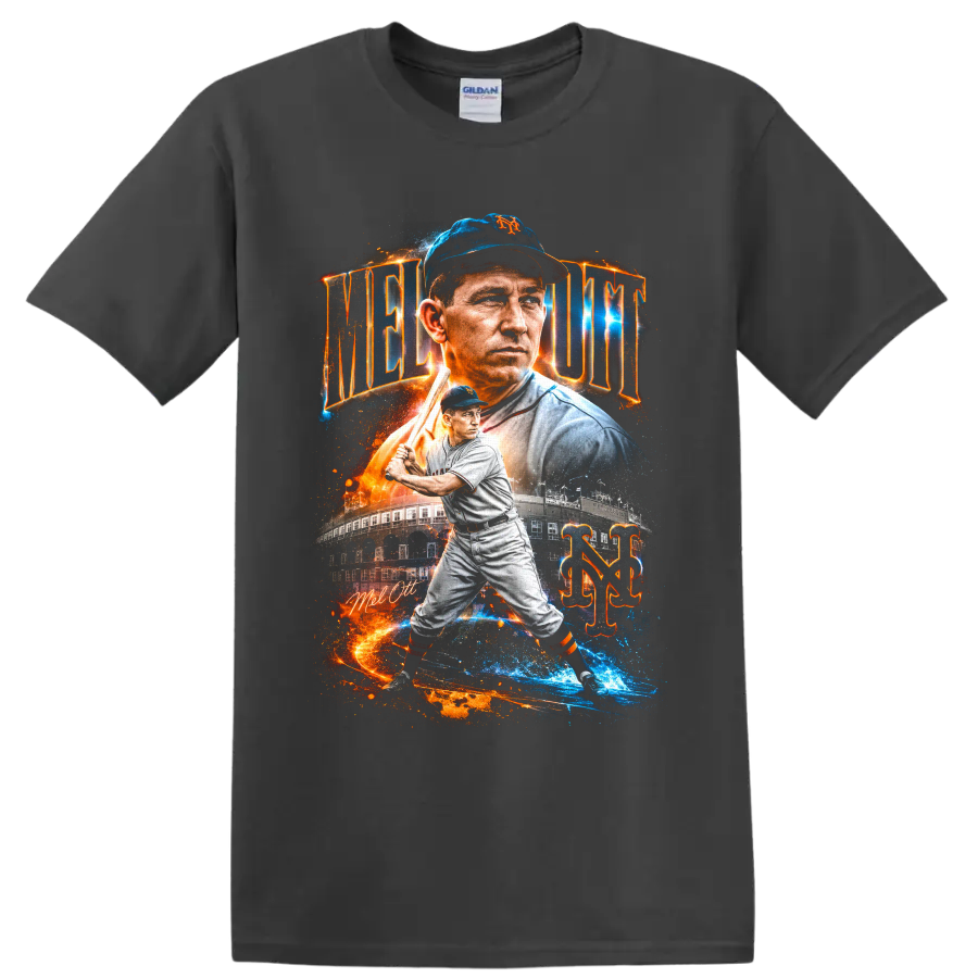 Mel Ott New York Giants portrait and batting graphic with vintage ballpark and NY monogram on a Charcoal T Shirt