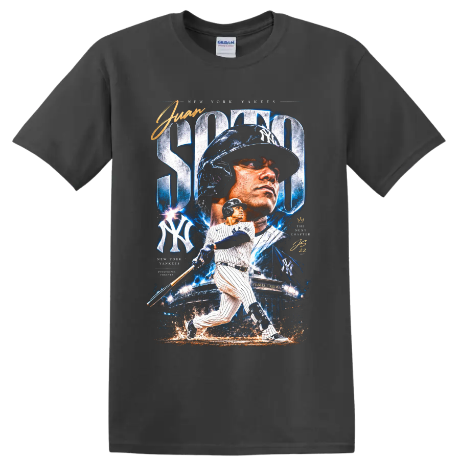 Juan Soto New York Yankees batting action graphic with Yankee Stadium and blue effects on a Charcoal T Shirt