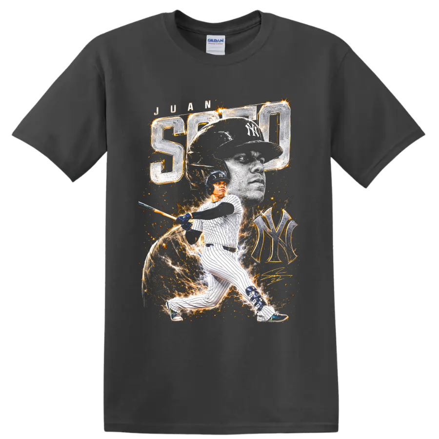Juan Soto New York Yankees portrait and batting action graphic with SOTO and NY monogram on a Charcoal T Shirt