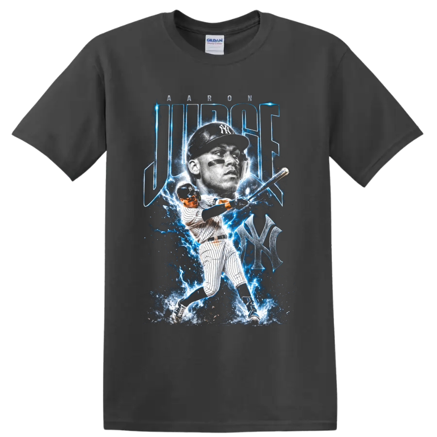 Aaron Judge New York Yankees electric blue baseball portrait and swinging action graphic on a Charcoal T Shirt
