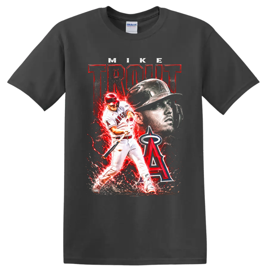 Mike Trout Los Angeles Angels action baseball art with helmet portrait and red energy on a Charcoal T Shirt