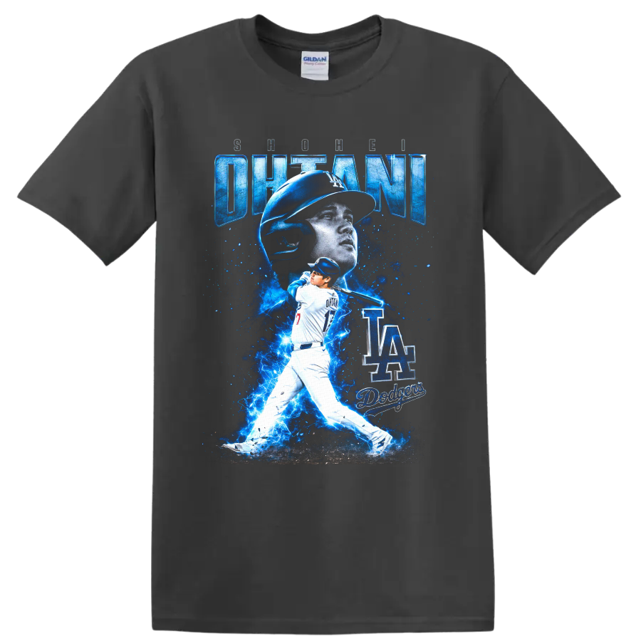 Shohei Ohtani Dodgers number 17 batting graphic with blue lightning and LA lettering on a Charcoal T Shirt
