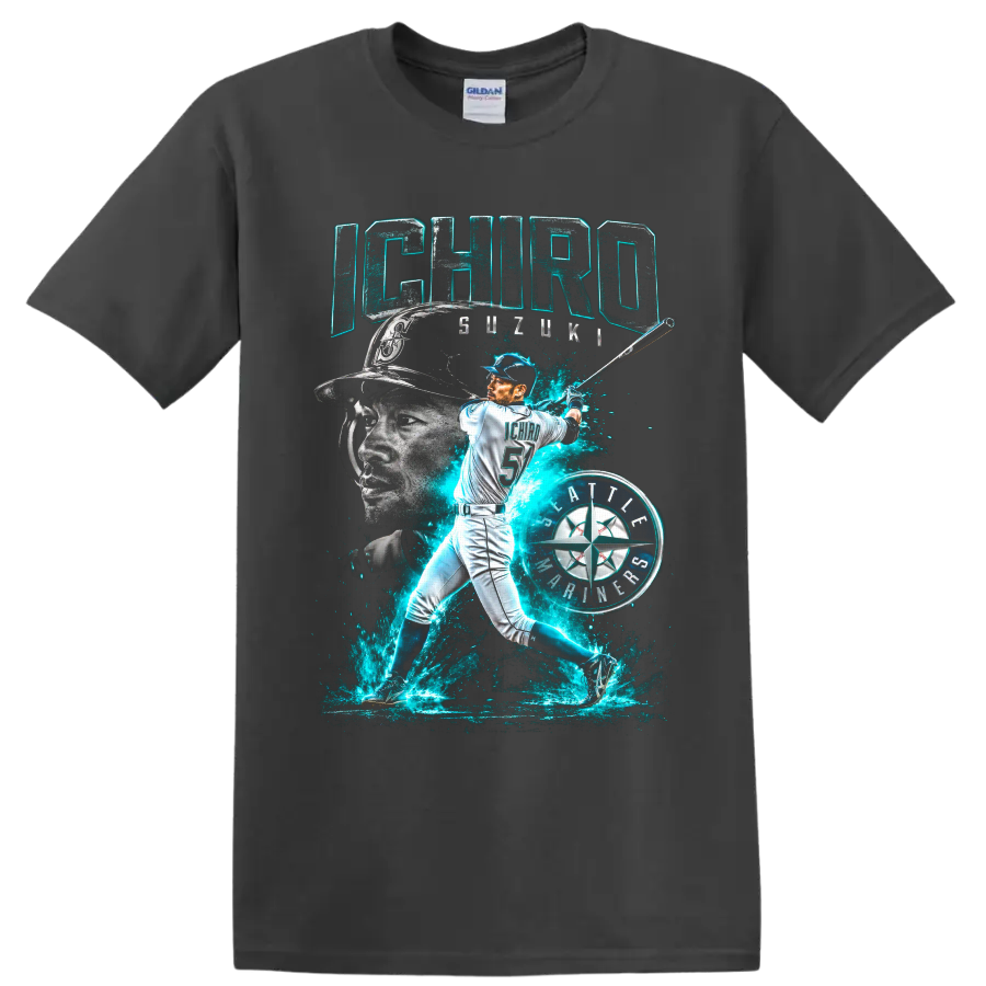 Ichiro Suzuki Seattle Mariners batting portrait with neon teal energy and number 51 on a Charcoal T Shirt