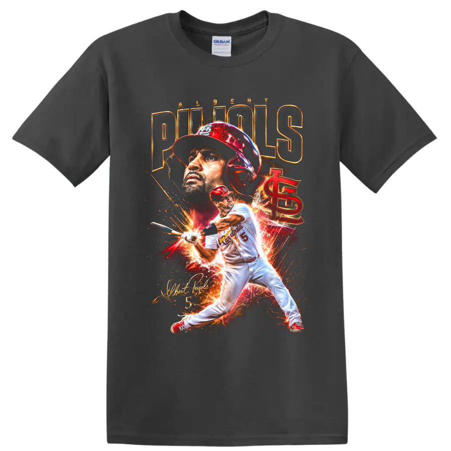 Albert Pujols Cardinals batting graphic with portrait, fiery effects, and signature on a Charcoal T Shirt
