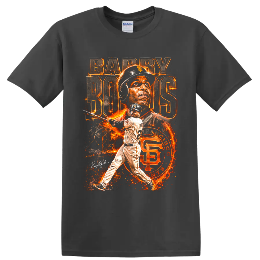 Barry Bonds San Francisco Giants fiery portrait and batting collage with BARRY BONDS text on a Charcoal T Shirt