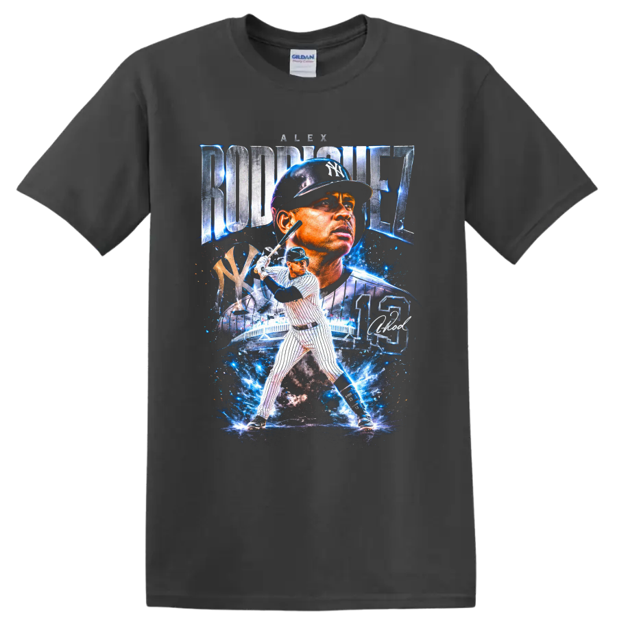 Alex Rodriguez Yankees No. 13 baseball collage with electric blue stadium effects on a Charcoal T Shirt