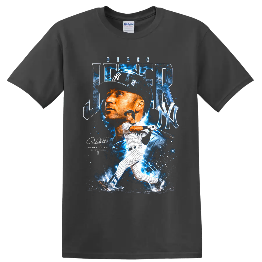 Derek Jeter Yankees portrait and batting graphic with blue stadium effects on a Charcoal T Shirt