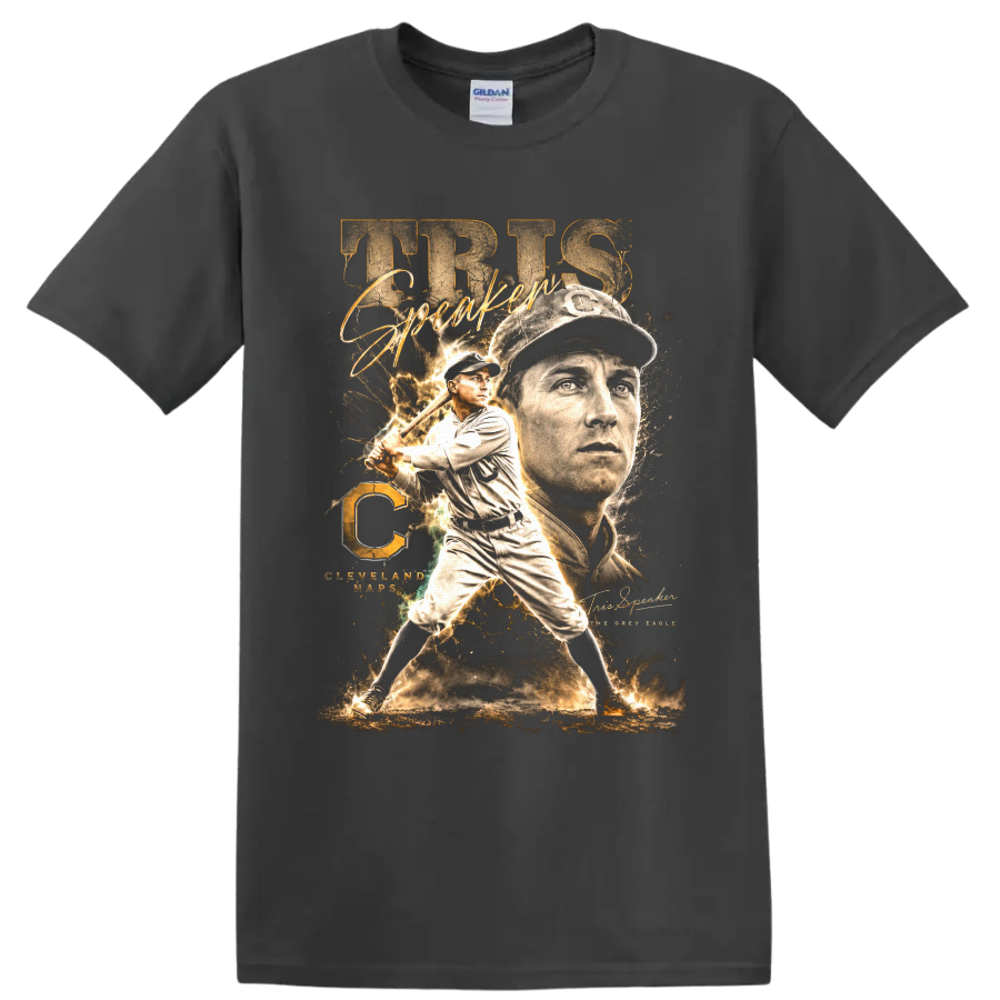 Tris Speaker Cleveland Naps vintage baseball portrait and batting graphic on a Charcoal T Shirt
