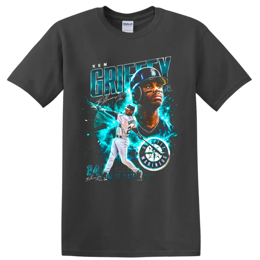 Ken Griffey Jr. Seattle Mariners batting portrait with number 24 and teal electric on a Charcoal T Shirt