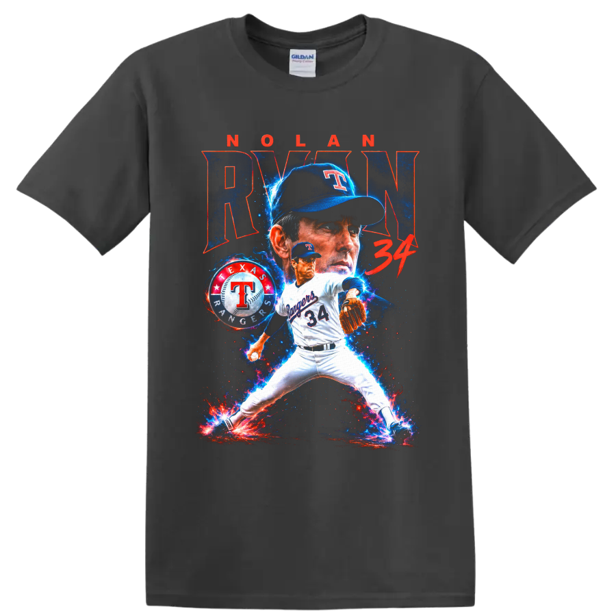 Nolan Ryan Texas Rangers No. 34 pitcher graphic with cosmic blue and red effects on a Charcoal T Shirt