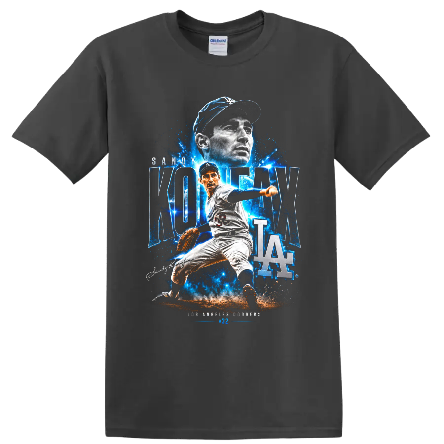Sandy Koufax Dodgers pitcher collage with KOUFAX lettering, number 32, and LA logo on a Charcoal T Shirt