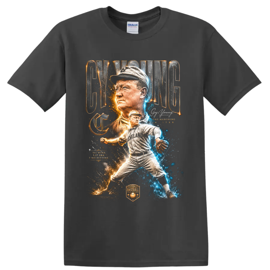 Cy Young Cleveland pitcher collage with vintage lettering and blue-gold sparks on a Charcoal T Shirt
