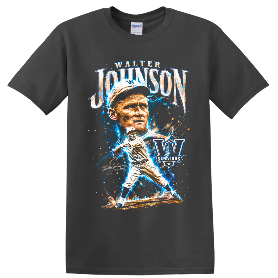 Walter Johnson Washington Senators pitcher portrait and action graphic on a Charcoal T Shirt