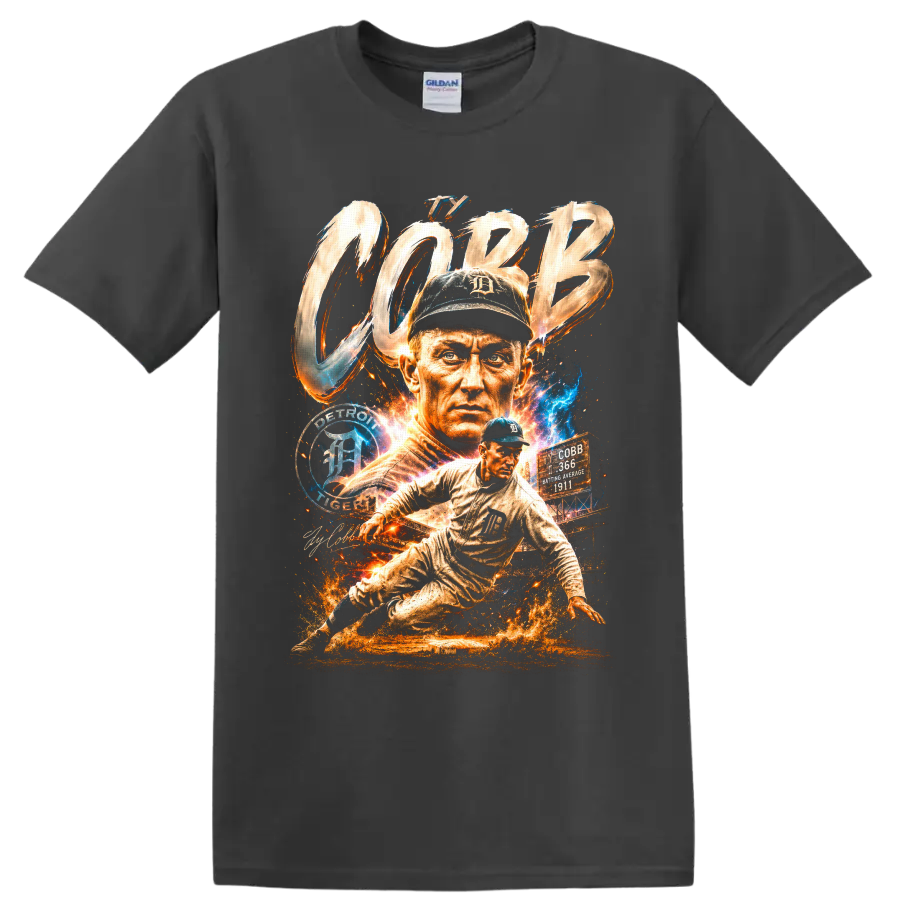 Ty Cobb Detroit Tigers portrait and sliding baseball player graphic with COBB lettering on a Charcoal T Shirt