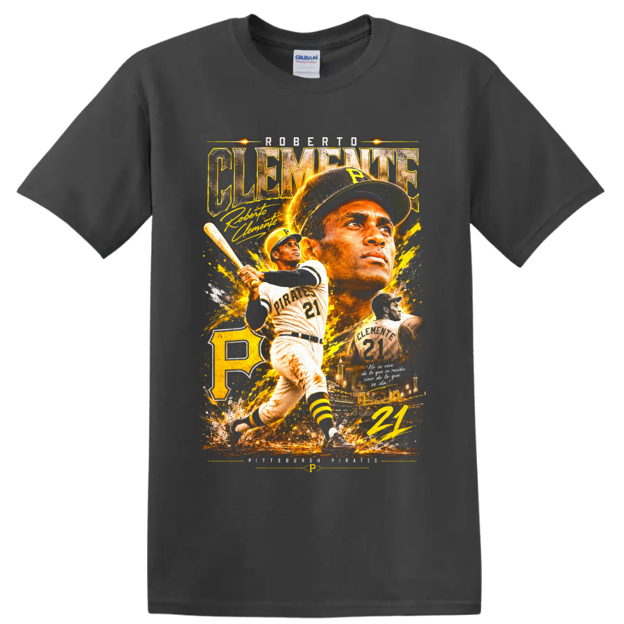 Roberto Clemente Pittsburgh Pirates number 21 vintage gold baseball collage on a Charcoal T Shirt