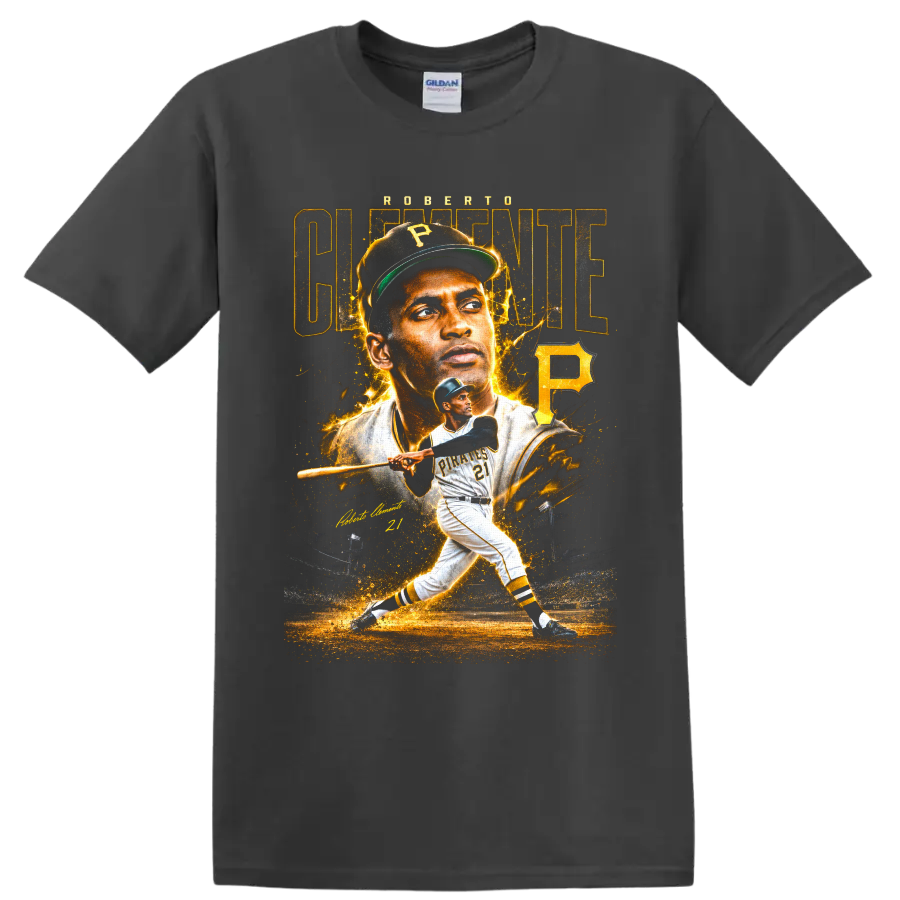 Roberto Clemente Pittsburgh Pirates portrait and batting graphic with number 21 on a Charcoal T Shirt