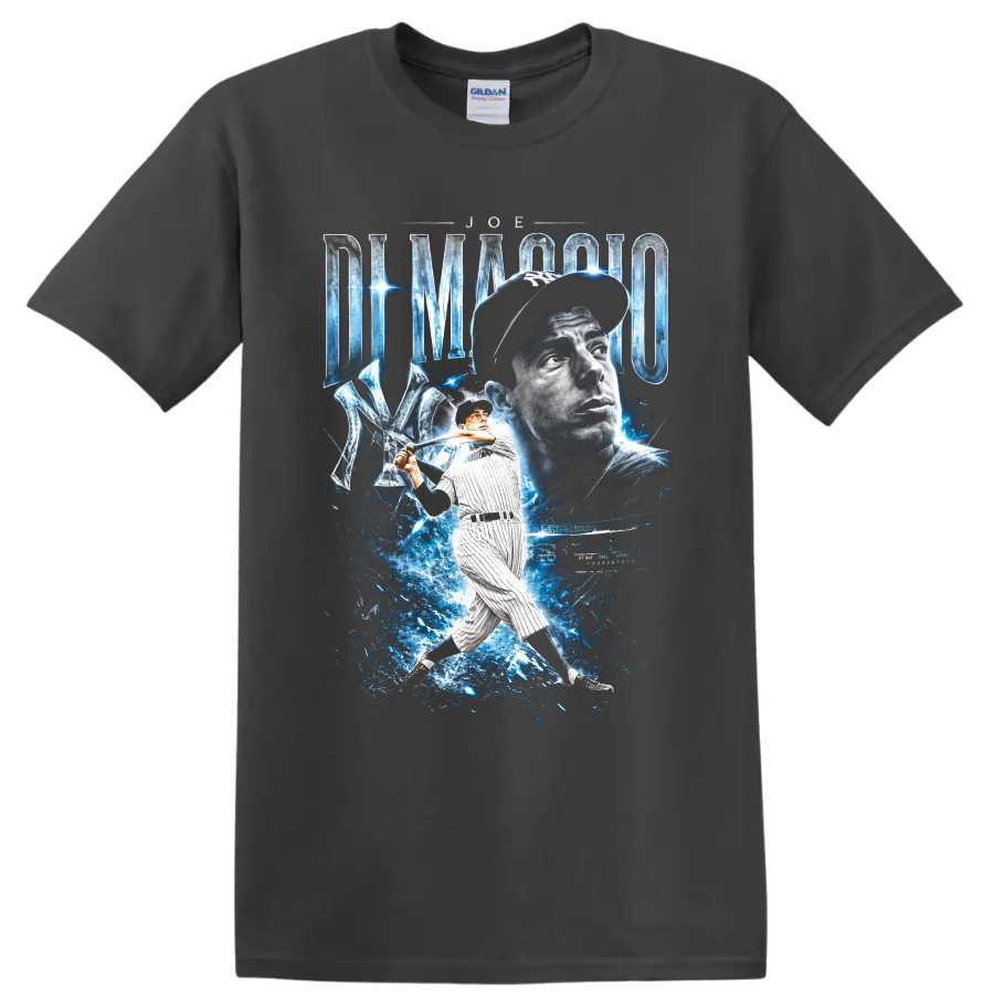 Joe DiMaggio Yankees portrait and batting pose with blue energy baseball graphic on a Charcoal T Shirt