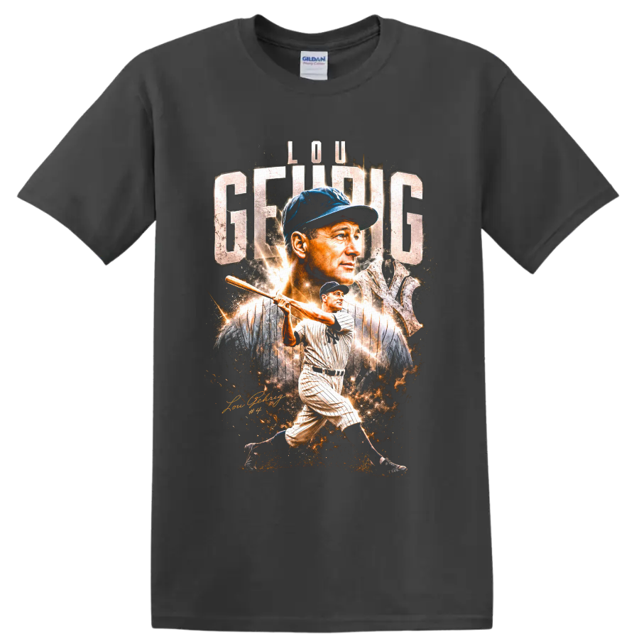 Lou Gehrig Yankees portrait and batting graphic with distressed lettering and number 4 on a Charcoal T Shirt
