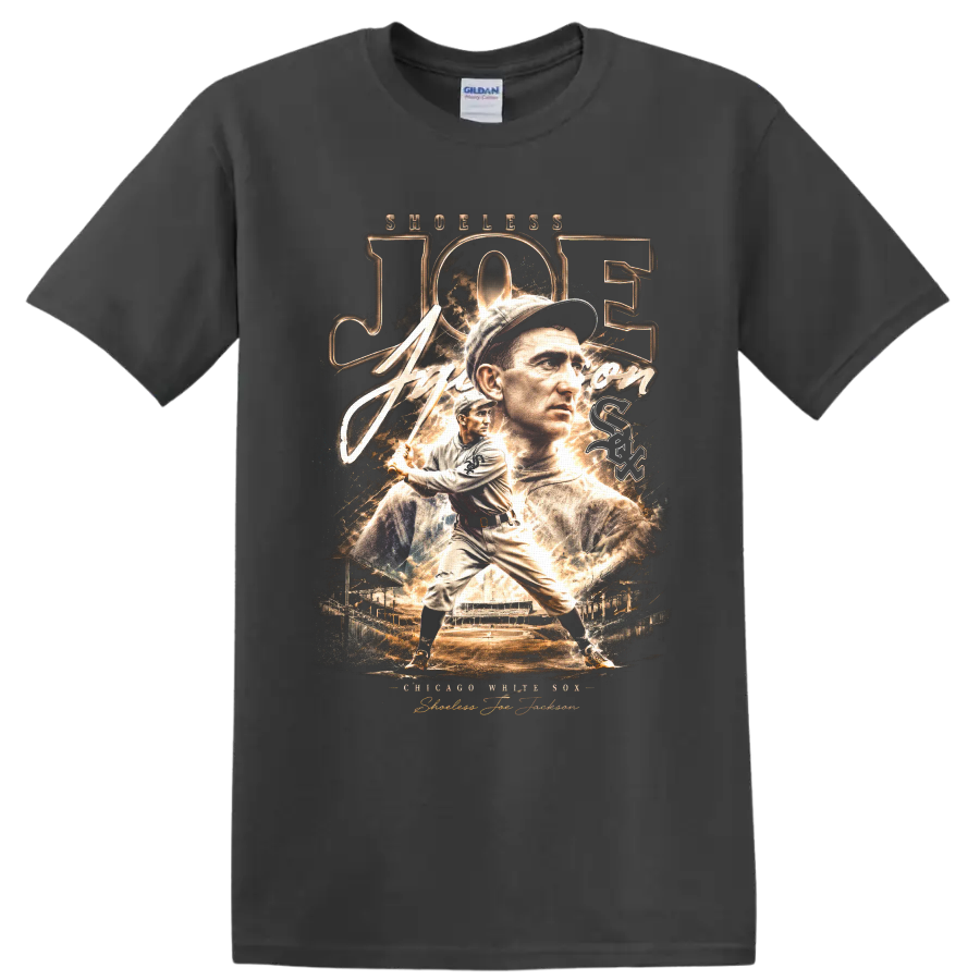 Shoeless Joe Jackson Chicago White Sox vintage portrait and batting baseball graphic on a Charcoal T Shirt