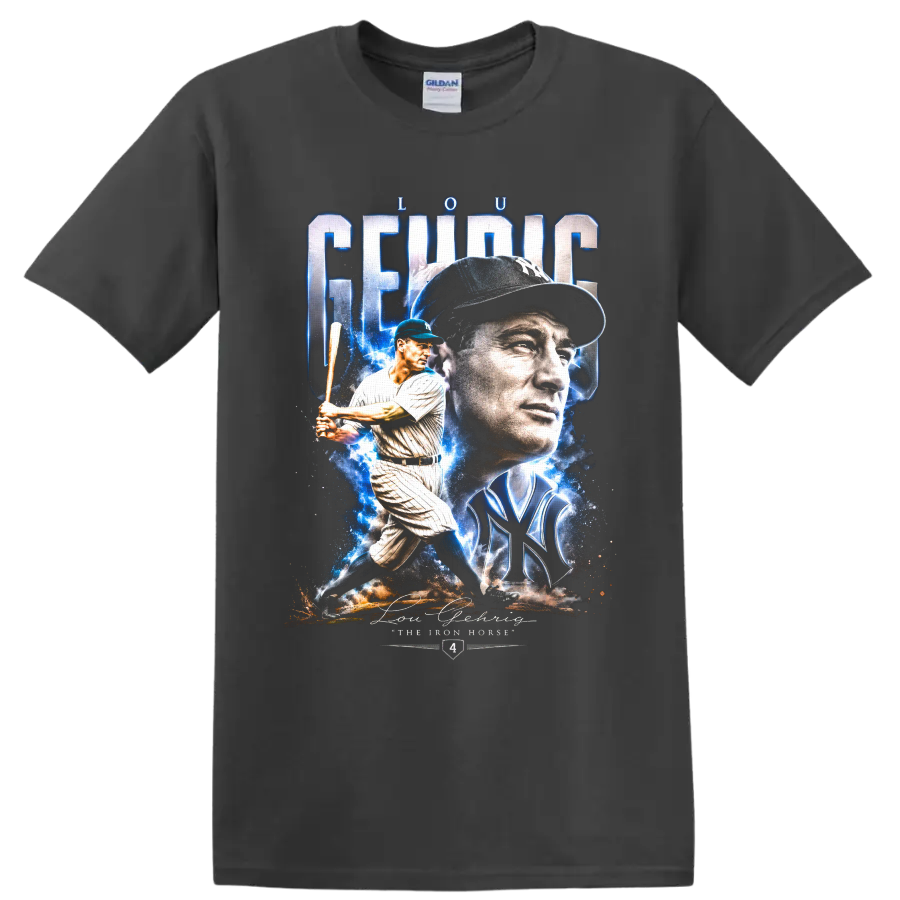 Lou Gehrig Yankees portrait and batting collage with Iron Horse text on a Charcoal T Shirt