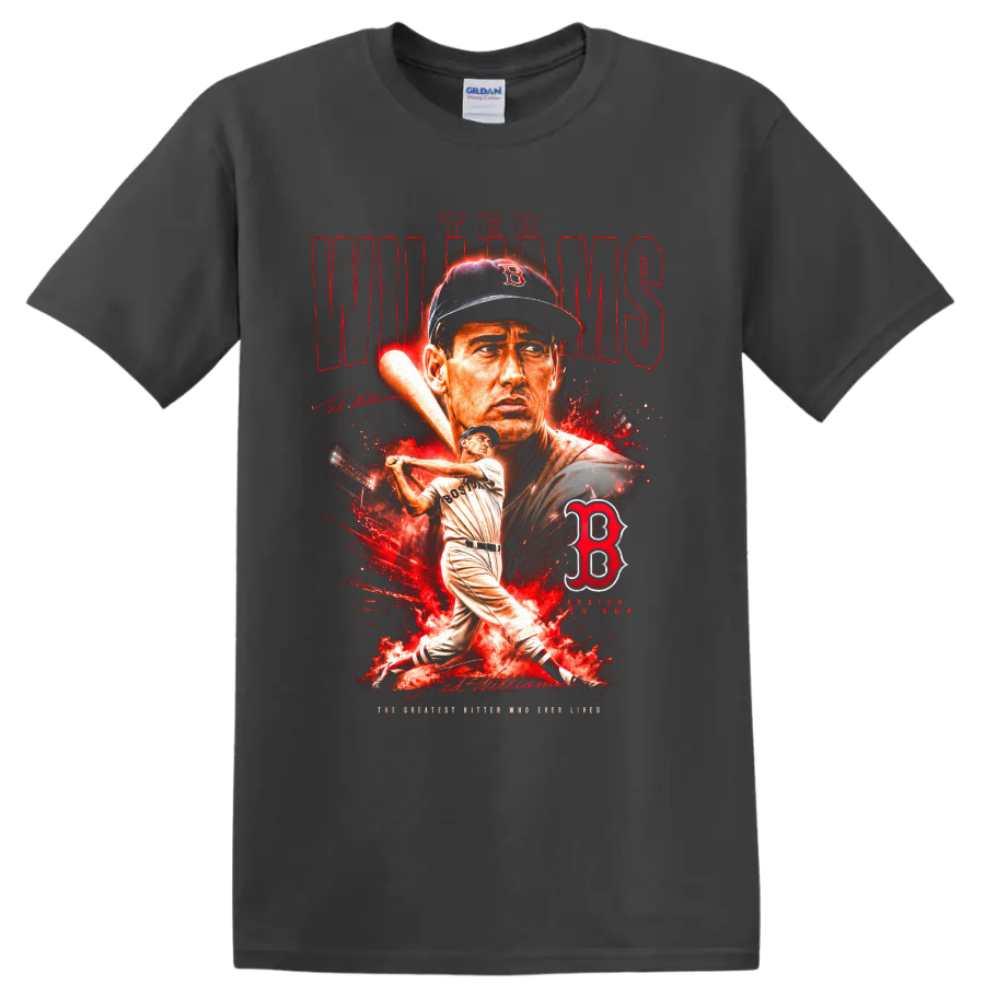Ted Williams Boston Red Sox portrait and batting graphic with distressed red lettering on a Charcoal T Shirt