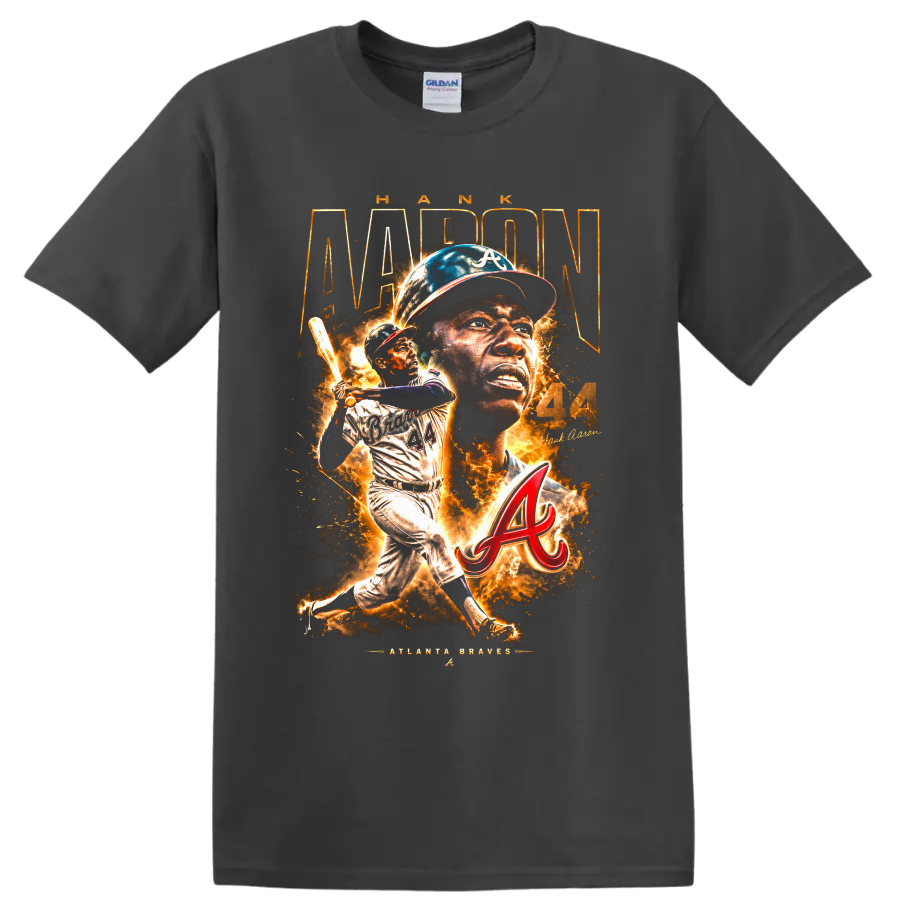 Hank Aaron Atlanta Braves No. 44 portrait and batting action graphic on a Charcoal T Shirt