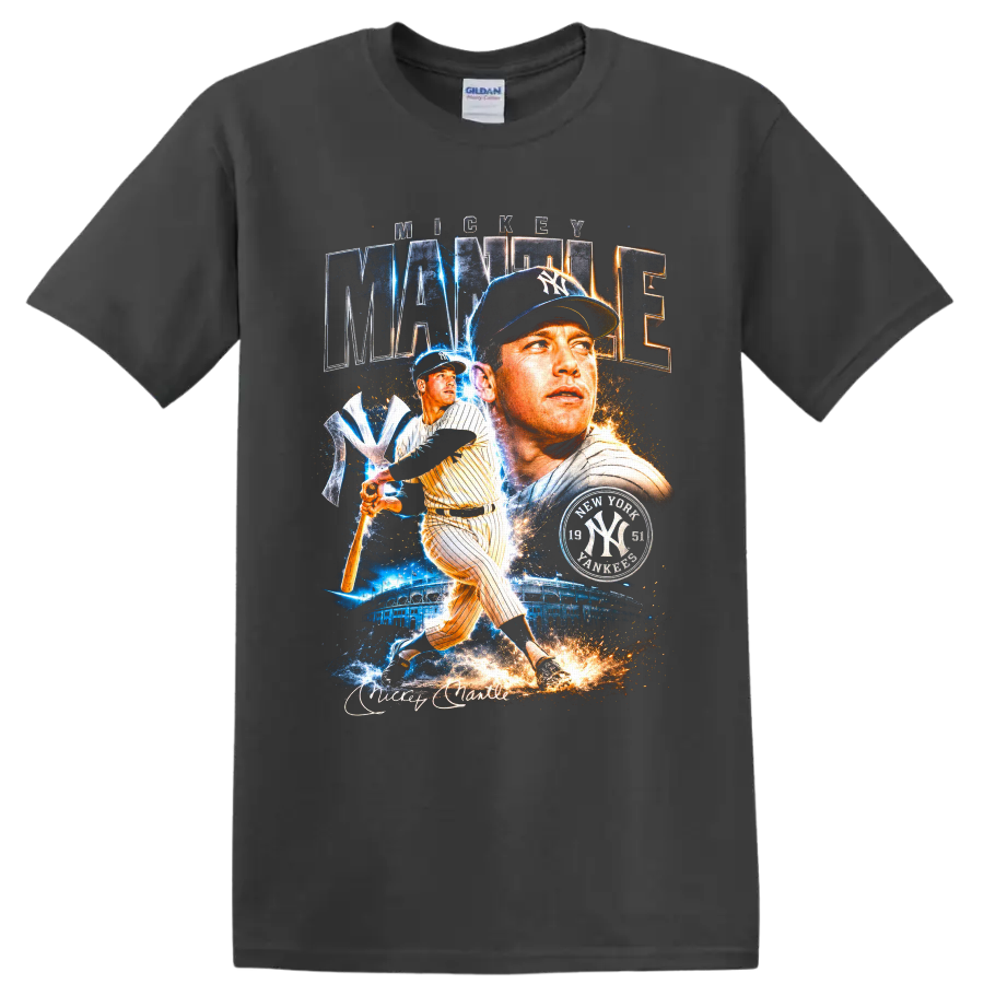 Mickey Mantle New York Yankees portrait and batting collage with MANTLE lettering on a Charcoal T Shirt