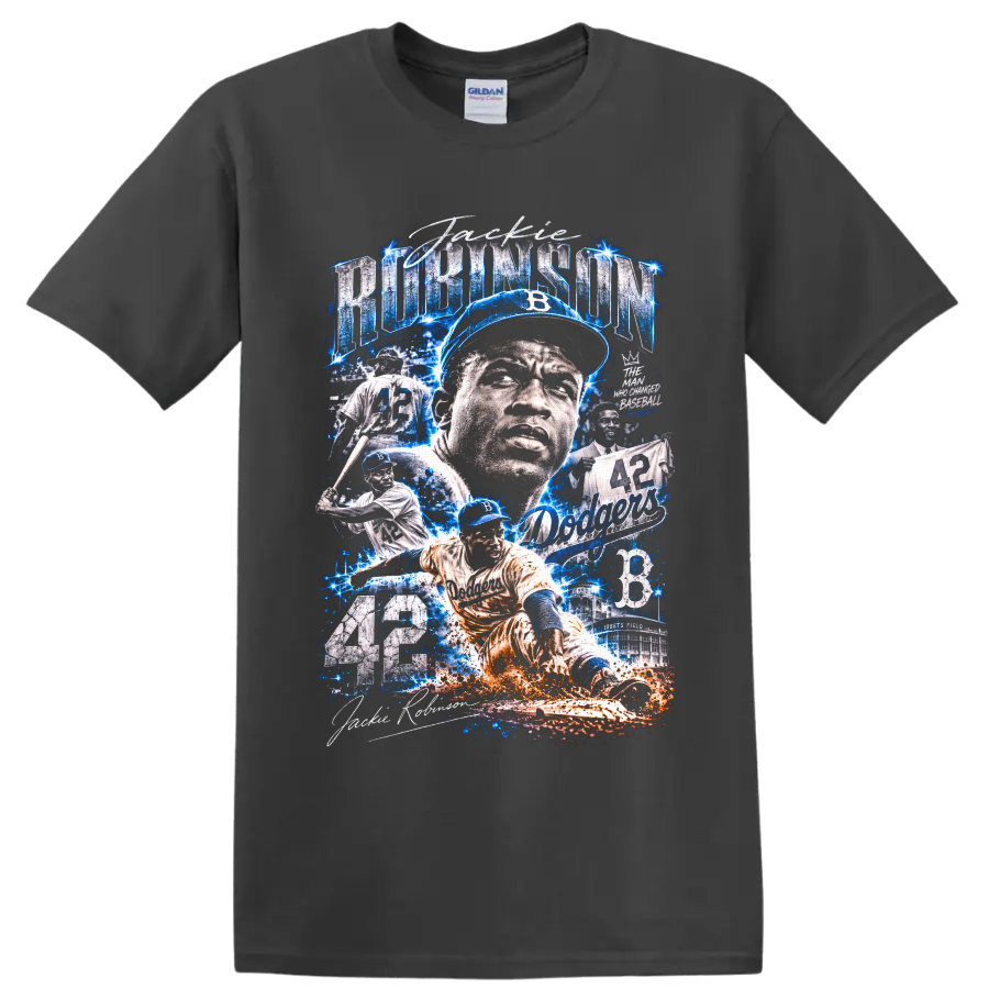 Jackie Robinson Brooklyn Dodgers 42 baseball collage with electric blue action effects on a Charcoal T Shirt