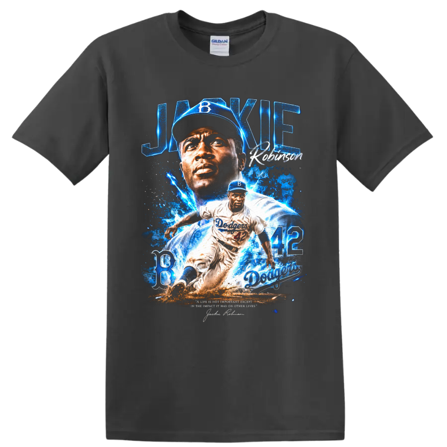 Jackie Robinson Brooklyn Dodgers 42 portrait and action baseball tribute graphic on a Charcoal T Shirt