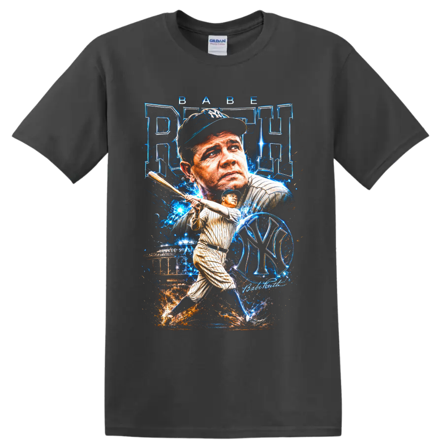 Babe Ruth Yankees baseball portrait and batting graphic with Yankee Stadium on a Charcoal T Shirt