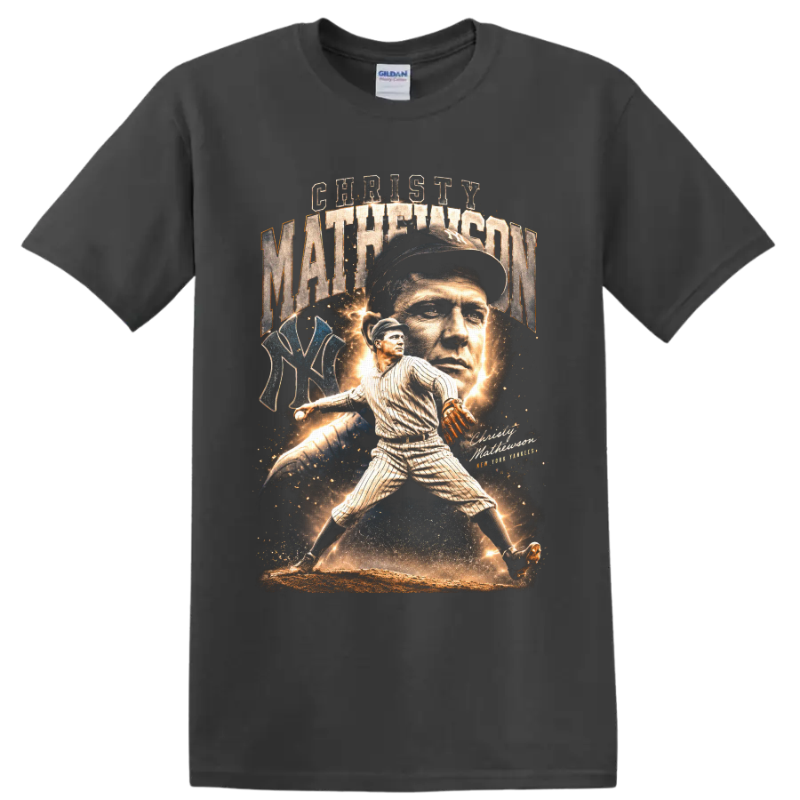 Christy Mathewson vintage baseball collage with pitcher portrait, action pose, and NY on a Charcoal T Shirt