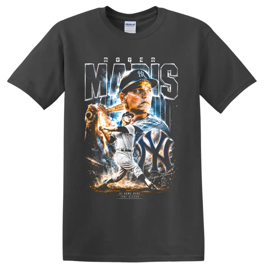 Aaron Judge New York Yankees baseball action portrait graphic with NY emblem on a Charcoal T Shirt