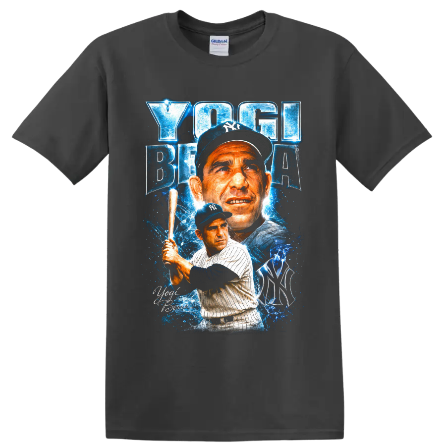Yogi Berra New York Yankees portrait and batting graphic with blue electric effects on a Charcoal T Shirt