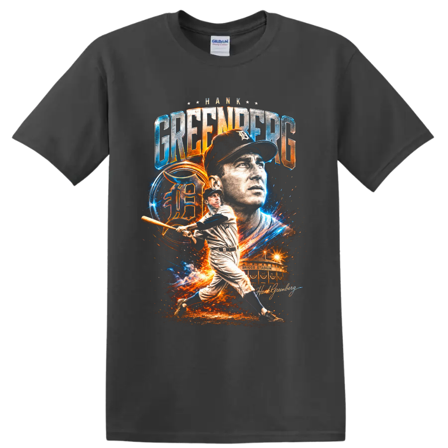 Hank Greenberg Detroit Tigers portrait and batting collage with Briggs Stadium on a Charcoal T Shirt
