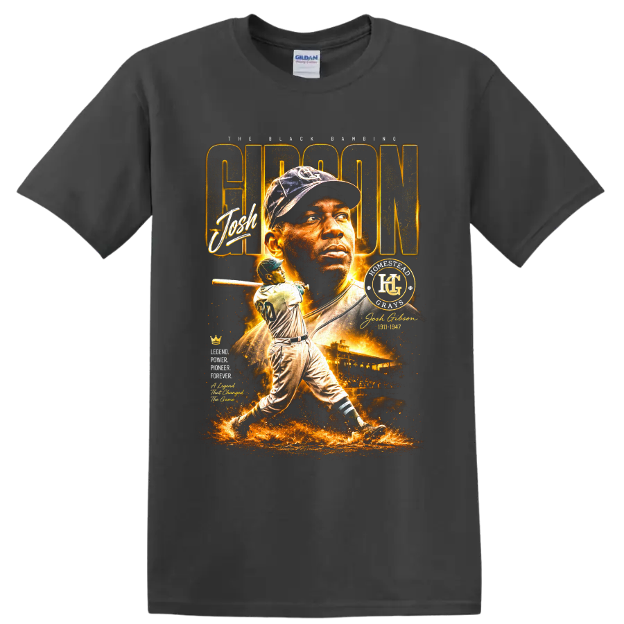 Josh Gibson Homestead Grays portrait and batting tribute in glowing vintage baseball style on a Charcoal T Shirt