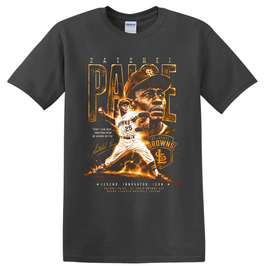 Satchel Paige St. Louis Browns pitcher portrait and action vintage baseball graphic on a Charcoal T Shirt