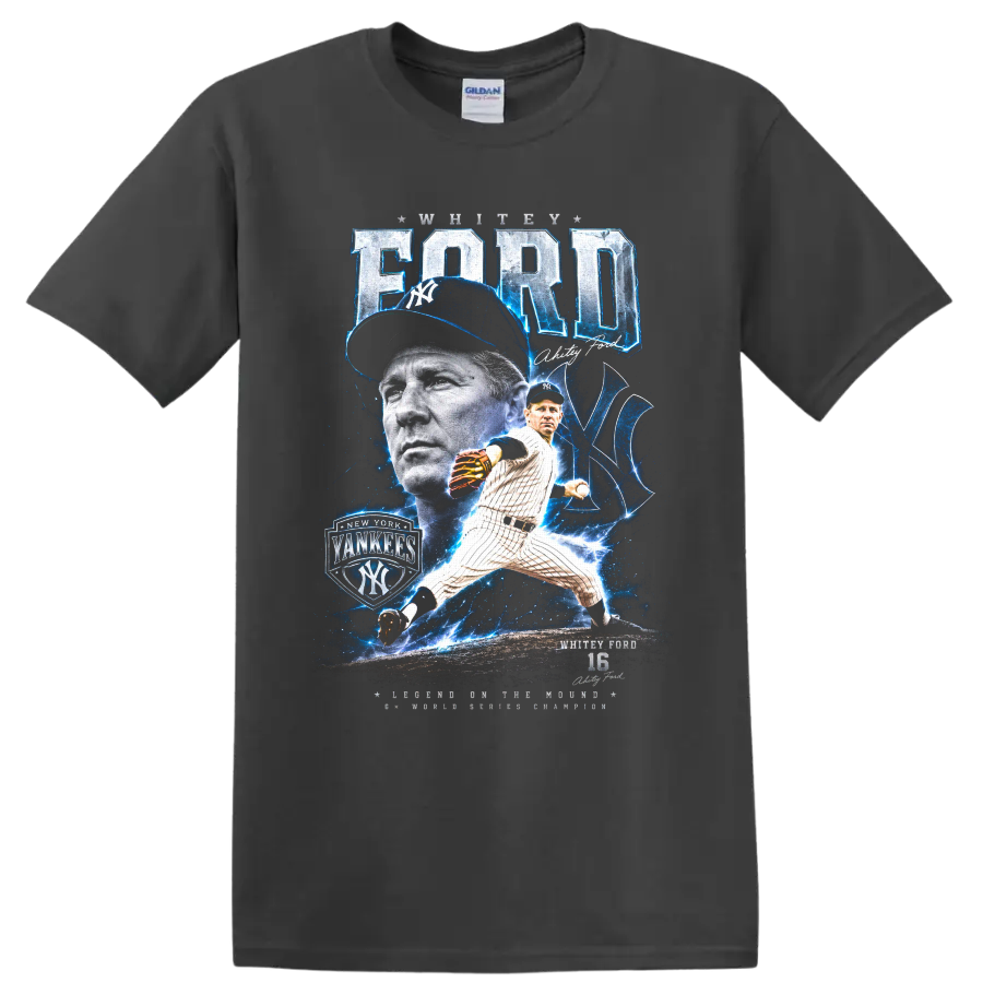 Whitey Ford New York Yankees pitcher portrait and action graphic with number 16 on a Charcoal T Shirt