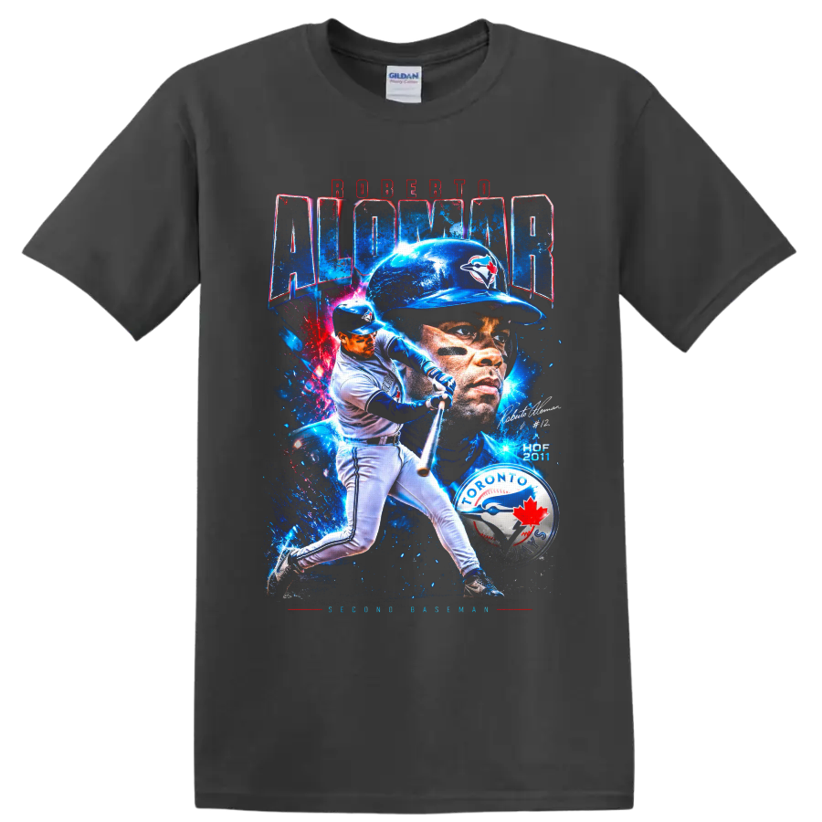 Roberto Alomar Toronto Blue Jays batting and portrait collage with Hall of Fame text on a Charcoal T Shirt