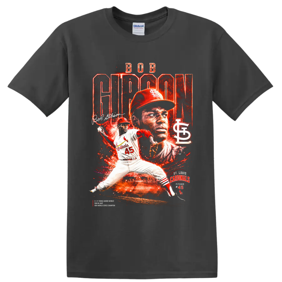 Bob Gibson Cardinals pitcher 45 in fiery distressed baseball collage with STL logo on a Charcoal T Shirt