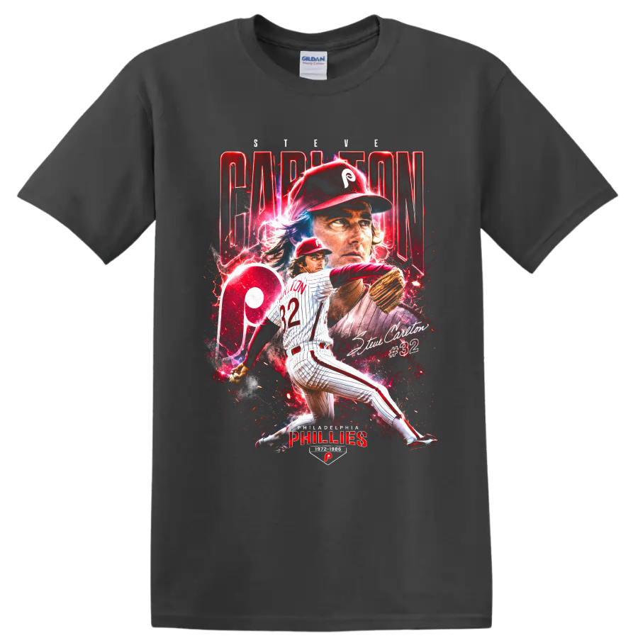 Steve Carlton #32 Philadelphia Phillies pitcher in dramatic red vintage poster art on a Charcoal T Shirt